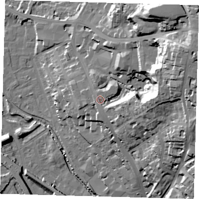 Shaded relief map of the ground around SE137BP, computed from Environment Agency LiDAR. The ground here sits at about 20 m above sea level and falls 46 m across the surrounding 800 m. Surface water reaching this point runs off ground lying to the south-east, 3.7 m higher.