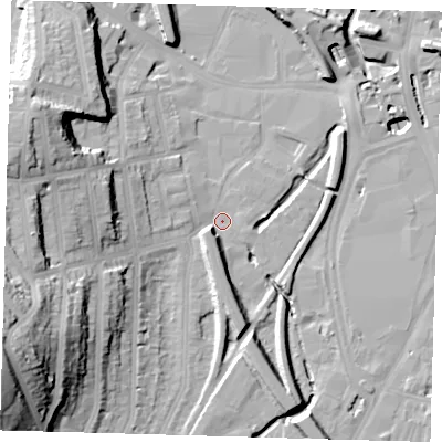 Shaded relief map of the ground around SE137BQ, computed from Environment Agency LiDAR. The ground here sits at about 9 m above sea level and falls 41 m across the surrounding 800 m. Surface water reaching this point runs off ground lying to the west-south-west, 35.8 m higher.