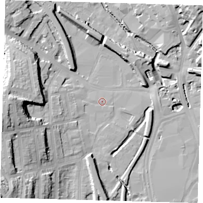 Shaded relief map of the ground around SE137DJ, computed from Environment Agency LiDAR. The ground here sits at about 8 m above sea level and falls 37 m across the surrounding 800 m. Surface water reaching this point runs off ground lying to the west, 23.1 m higher.