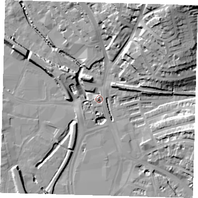 Shaded relief map of the ground around SE137DL, computed from Environment Agency LiDAR. The ground here sits at about 9 m above sea level and falls 41 m across the surrounding 800 m. Surface water reaching this point runs off ground lying to the north-north-east, 3.9 m higher.