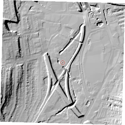 Shaded relief map of the ground around SE137DP, computed from Environment Agency LiDAR. The ground here sits at about 10 m above sea level and falls 30 m across the surrounding 800 m. Surface water reaching this point runs off ground lying to the south-south-east, 9.9 m higher.