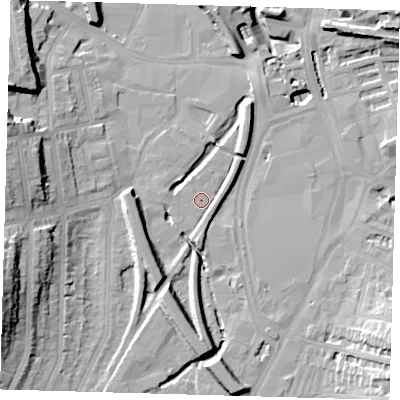 Shaded relief map of the ground around SE137DS, computed from Environment Agency LiDAR. The ground here sits at about 10 m above sea level and falls 26 m across the surrounding 800 m. Surface water reaching this point runs off ground lying to the south-south-east, 2.5 m higher.