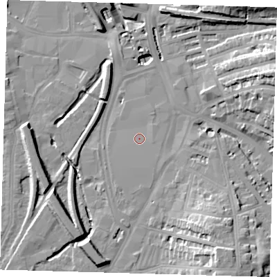 Shaded relief map of the ground around SE137EP, computed from Environment Agency LiDAR. The ground here sits at about 9 m above sea level and falls 22 m across the surrounding 800 m. Surface water reaching this point runs off ground lying to the south-south-west, 2.1 m higher.
