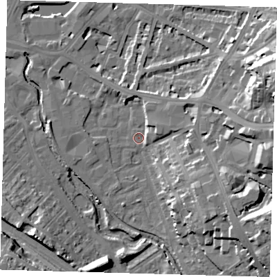 Shaded relief map of the ground around SE137ES, computed from Environment Agency LiDAR. The ground here sits at about 5 m above sea level and falls 27 m across the surrounding 800 m. Surface water reaching this point runs off ground lying to the east-north-east, 4.0 m higher.