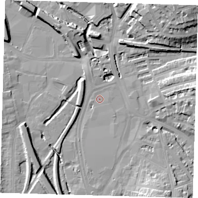Shaded relief map of the ground around SE137EX, computed from Environment Agency LiDAR. The ground here sits at about 8 m above sea level and falls 29 m across the surrounding 800 m. Surface water reaching this point runs off ground lying to the north-east, 23.4 m higher.