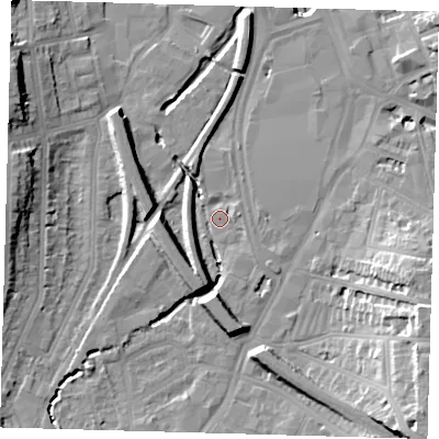 Shaded relief map of the ground around SE137EY, computed from Environment Agency LiDAR. The ground here sits at about 10 m above sea level and falls 24 m across the surrounding 800 m. Surface water reaching this point runs off ground lying to the south, 8.5 m higher.