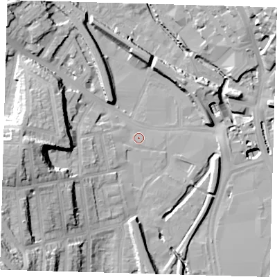 Shaded relief map of the ground around SE137FR, computed from Environment Agency LiDAR. The ground here sits at about 8 m above sea level and falls 39 m across the surrounding 800 m. Surface water reaching this point runs off ground lying to the west-south-west, 7.8 m higher.