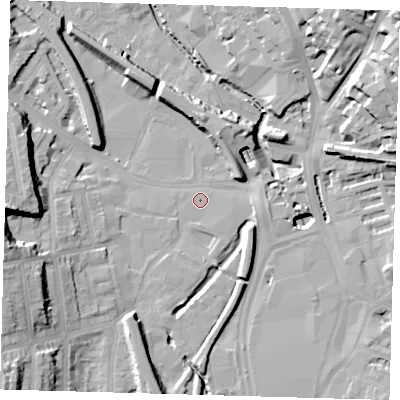 Shaded relief map of the ground around SE137FT, computed from Environment Agency LiDAR. The ground here sits at about 7 m above sea level and falls 31 m across the surrounding 800 m. Surface water reaching this point runs off ground lying to the south-west, 18.7 m higher.