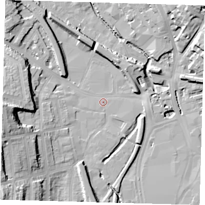 Shaded relief map of the ground around SE137FU, computed from Environment Agency LiDAR. The ground here sits at about 7 m above sea level and falls 31 m across the surrounding 800 m. Surface water reaching this point runs off ground lying to the south-west, 26.3 m higher.