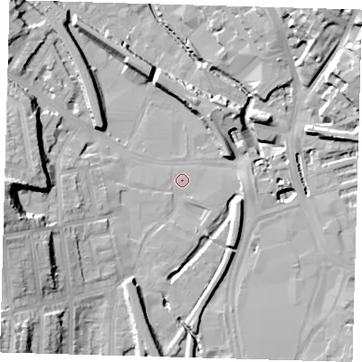 Shaded relief map of the ground around SE137FW, computed from Environment Agency LiDAR. The ground here sits at about 7 m above sea level and falls 28 m across the surrounding 800 m. Surface water reaching this point runs off ground lying to the south-west, 22.7 m higher.