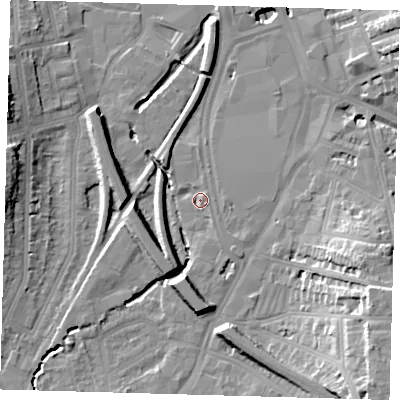 Shaded relief map of the ground around SE137FX, computed from Environment Agency LiDAR. The ground here sits at about 10 m above sea level and falls 24 m across the surrounding 800 m. Surface water reaching this point runs off ground lying to the east-south-east, 2.5 m higher.