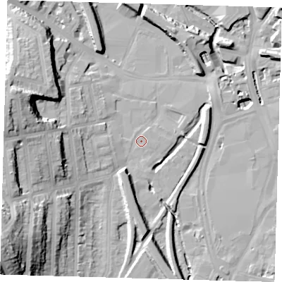 Shaded relief map of the ground around SE137GA, computed from Environment Agency LiDAR. The ground here sits at about 9 m above sea level and falls 38 m across the surrounding 800 m. Surface water reaching this point runs off ground lying to the south-west, 33.3 m higher.