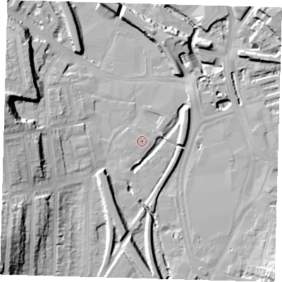 Shaded relief map of the ground around SE137GB, computed from Environment Agency LiDAR. The ground here sits at about 9 m above sea level and falls 29 m across the surrounding 800 m. The ground contributing surface water to this point lies to the west-south-west.