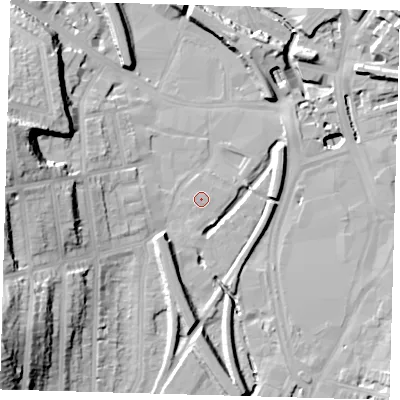 Shaded relief map of the ground around SE137GD, computed from Environment Agency LiDAR. The ground here sits at about 9 m above sea level and falls 36 m across the surrounding 800 m. Surface water reaching this point runs off ground lying to the south-south-west, 1.1 m higher.