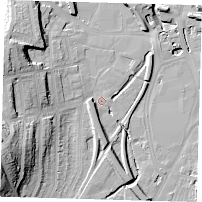 Shaded relief map of the ground around SE137GE, computed from Environment Agency LiDAR. The ground here sits at about 10 m above sea level and falls 39 m across the surrounding 800 m. Surface water reaching this point runs off ground lying to the south-south-east, 9.9 m higher.