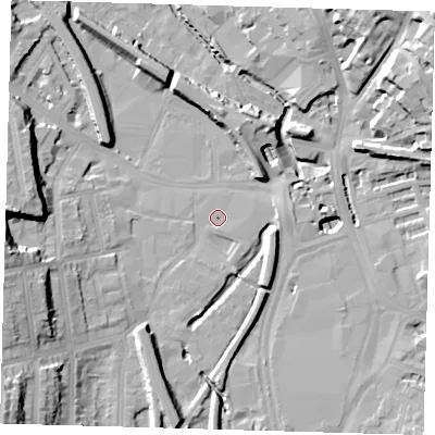 Shaded relief map of the ground around SE137GH, computed from Environment Agency LiDAR. The ground here sits at about 7 m above sea level and falls 29 m across the surrounding 800 m. Surface water reaching this point runs off ground lying to the south-west, 18.6 m higher.