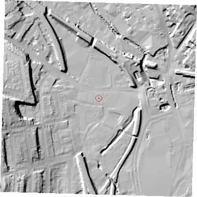 Shaded relief map of the ground around SE137GP, computed from Environment Agency LiDAR. The ground here sits at about 7 m above sea level and falls 32 m across the surrounding 800 m. Surface water reaching this point runs off ground lying to the west, 22.7 m higher.
