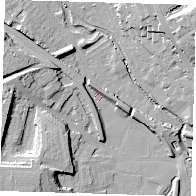 Shaded relief map of the ground around SE137GT, computed from Environment Agency LiDAR. The ground here sits at about 5 m above sea level and falls 28 m across the surrounding 800 m. Surface water reaching this point runs off ground lying to the south-west, 26.1 m higher.
