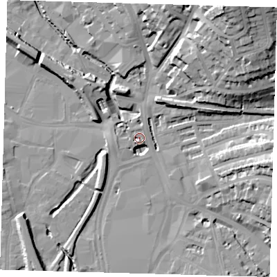Shaded relief map of the ground around SE137GZ, computed from Environment Agency LiDAR. The ground here sits at about 9 m above sea level and falls 37 m across the surrounding 800 m. Surface water reaching this point runs off ground lying to the west-south-west, 10.5 m higher.