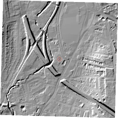 Shaded relief map of the ground around SE137HA, computed from Environment Agency LiDAR. The ground here sits at about 11 m above sea level and falls 20 m across the surrounding 800 m. Surface water reaching this point runs off ground lying to the south-south-west, 5.9 m higher.