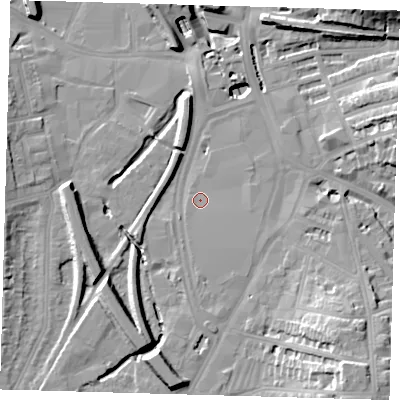 Shaded relief map of the ground around SE137HB, computed from Environment Agency LiDAR. The ground here sits at about 8 m above sea level and falls 22 m across the surrounding 800 m. Surface water reaching this point runs off ground lying to the south, 2.5 m higher.
