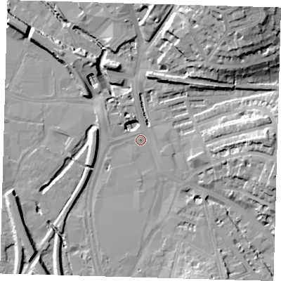Shaded relief map of the ground around SE137HD, computed from Environment Agency LiDAR. The ground here sits at about 8 m above sea level and falls 32 m across the surrounding 800 m. Surface water reaching this point runs off ground lying to the east, 17.9 m higher.