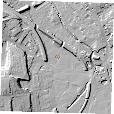 Shaded relief map of the ground around SE137HE, computed from Environment Agency LiDAR. The ground here sits at about 6 m above sea level and falls 29 m across the surrounding 800 m. Surface water reaching this point runs off ground lying to the west-south-west, 25.0 m higher.