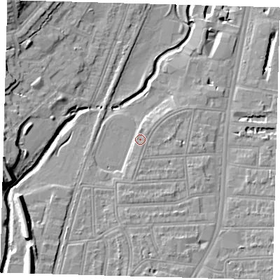 Shaded relief map of the ground around SE137HP, computed from Environment Agency LiDAR. The ground here sits at about 15 m above sea level and falls 13 m across the surrounding 800 m. Surface water reaching this point runs off ground lying to the south-south-east, 3.6 m higher.