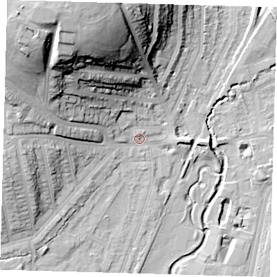 Shaded relief map of the ground around SE137JA, computed from Environment Agency LiDAR. The ground here sits at about 13 m above sea level and falls 45 m across the surrounding 800 m. Surface water reaching this point runs off ground lying to the north-west, 40.4 m higher.