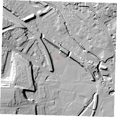 Shaded relief map of the ground around SE137JG, computed from Environment Agency LiDAR. The ground here sits at about 6 m above sea level and falls 32 m across the surrounding 800 m. Surface water reaching this point runs off ground lying to the south-west, 25.4 m higher.