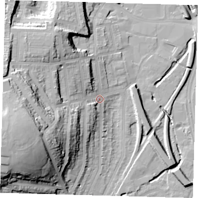 Shaded relief map of the ground around SE137JX, computed from Environment Agency LiDAR. The ground here sits at about 14 m above sea level and falls 46 m across the surrounding 800 m. Surface water reaching this point runs off ground lying to the west, 24.7 m higher.