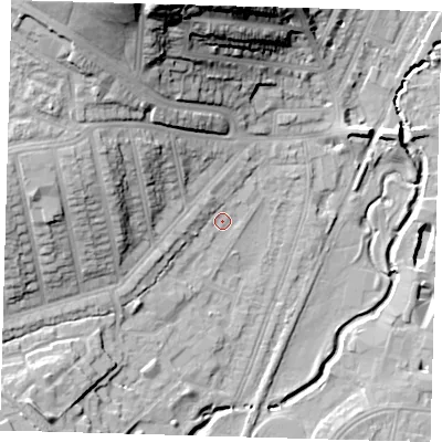 Shaded relief map of the ground around SE137JZ, computed from Environment Agency LiDAR. The ground here sits at about 14 m above sea level and falls 36 m across the surrounding 800 m. Surface water reaching this point runs off ground lying to the west, 2.8 m higher.