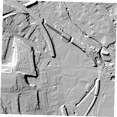 Shaded relief map of the ground around SE137LL, computed from Environment Agency LiDAR. The ground here sits at about 6 m above sea level and falls 36 m across the surrounding 800 m. Surface water reaching this point runs off ground lying to the west-south-west, 24.0 m higher.