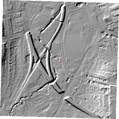 Shaded relief map of the ground around SE137LW, computed from Environment Agency LiDAR. The ground here sits at about 10 m above sea level and falls 24 m across the surrounding 800 m. Surface water reaching this point runs off ground lying to the east-south-east, 2.5 m higher.
