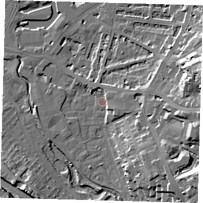 Shaded relief map of the ground around SE137NJ, computed from Environment Agency LiDAR. The ground here sits at about 6 m above sea level and falls 27 m across the surrounding 800 m. Surface water reaching this point runs off ground lying to the south-east, 23.5 m higher.