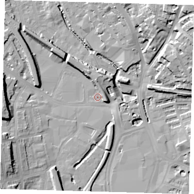 Shaded relief map of the ground around SE137NX, computed from Environment Agency LiDAR. The ground here sits at about 6 m above sea level and falls 36 m across the surrounding 800 m. Surface water reaching this point runs off ground lying to the east, 13.9 m higher.