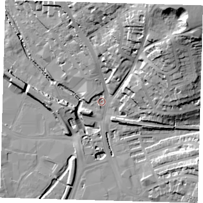 Shaded relief map of the ground around SE137PA, computed from Environment Agency LiDAR. The ground here sits at about 9 m above sea level and falls 46 m across the surrounding 800 m. Surface water reaching this point runs off ground lying to the north-east, 38.3 m higher.