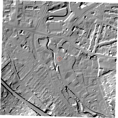 Shaded relief map of the ground around SE137QD, computed from Environment Agency LiDAR. The ground here sits at about 6 m above sea level and falls 20 m across the surrounding 800 m. Surface water reaching this point runs off ground lying to the south-south-west, 10.7 m higher.