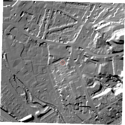 Shaded relief map of the ground around SE137QT, computed from Environment Agency LiDAR. The ground here sits at about 11 m above sea level and falls 44 m across the surrounding 800 m. Surface water reaching this point runs off ground lying to the south-east, 10.4 m higher.