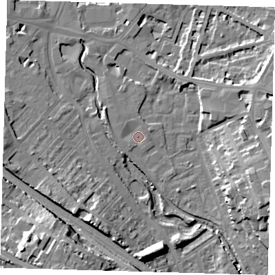 Shaded relief map of the ground around SE137QU, computed from Environment Agency LiDAR. The ground here sits at about 5 m above sea level and falls 21 m across the surrounding 800 m. Surface water reaching this point runs off ground lying to the north, 1.8 m higher.