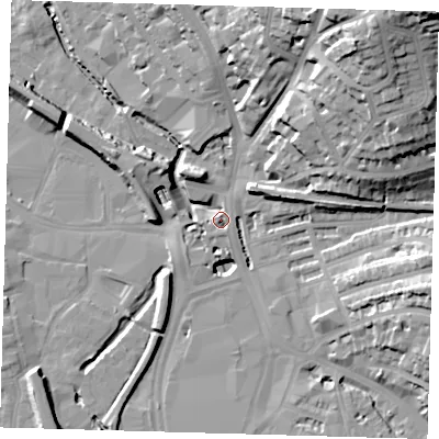 Shaded relief map of the ground around SE137RB, computed from Environment Agency LiDAR. The ground here sits at about 9 m above sea level and falls 41 m across the surrounding 800 m. Surface water reaching this point runs off ground lying to the north-north-east, 3.9 m higher.