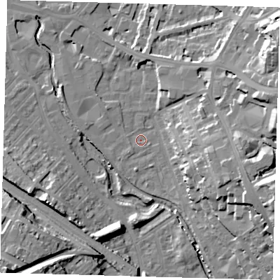 Shaded relief map of the ground around SE137RE, computed from Environment Agency LiDAR. The ground here sits at about 5 m above sea level and falls 24 m across the surrounding 800 m. Surface water reaching this point runs off ground lying to the east-south-east, 20.7 m higher.