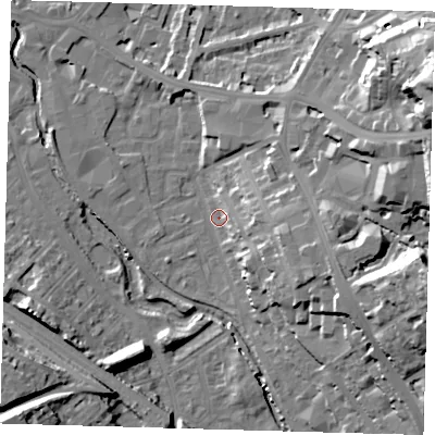 Shaded relief map of the ground around SE137RF, computed from Environment Agency LiDAR. The ground here sits at about 6 m above sea level and falls 35 m across the surrounding 800 m. Surface water reaching this point runs off ground lying to the east-south-east, 15.7 m higher.