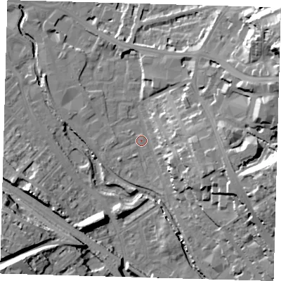 Shaded relief map of the ground around SE137RG, computed from Environment Agency LiDAR. The ground here sits at about 5 m above sea level and falls 30 m across the surrounding 800 m. Surface water reaching this point runs off ground lying to the east-south-east, 27.6 m higher.