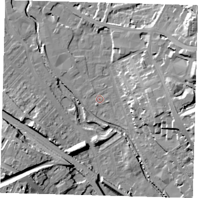 Shaded relief map of the ground around SE137RH, computed from Environment Agency LiDAR. The ground here sits at about 5 m above sea level and falls 24 m across the surrounding 800 m. Surface water reaching this point runs off ground lying to the east, 20.7 m higher.