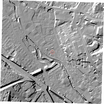 Shaded relief map of the ground around SE137RJ, computed from Environment Agency LiDAR. The ground here sits at about 5 m above sea level and falls 27 m across the surrounding 800 m. Surface water reaching this point runs off ground lying to the east, 25.6 m higher.