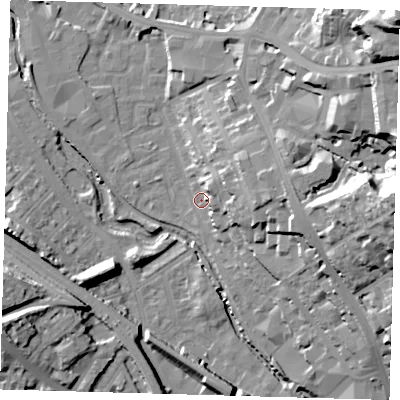 Shaded relief map of the ground around SE137RL, computed from Environment Agency LiDAR. The ground here sits at about 6 m above sea level and falls 43 m across the surrounding 800 m. Surface water reaching this point runs off ground lying to the east, 13.1 m higher.