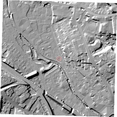 Shaded relief map of the ground around SE137RN, computed from Environment Agency LiDAR. The ground here sits at about 6 m above sea level and falls 37 m across the surrounding 800 m. Surface water reaching this point runs off ground lying to the east, 16.2 m higher.