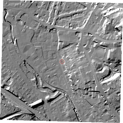 Shaded relief map of the ground around SE137RQ, computed from Environment Agency LiDAR. The ground here sits at about 6 m above sea level and falls 34 m across the surrounding 800 m. Surface water reaching this point runs off ground lying to the east-south-east, 15.8 m higher.