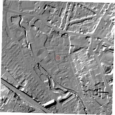 Shaded relief map of the ground around SE137RS, computed from Environment Agency LiDAR. The ground here sits at about 5 m above sea level and falls 21 m across the surrounding 800 m. Surface water reaching this point runs off ground lying to the south, 13.3 m higher.